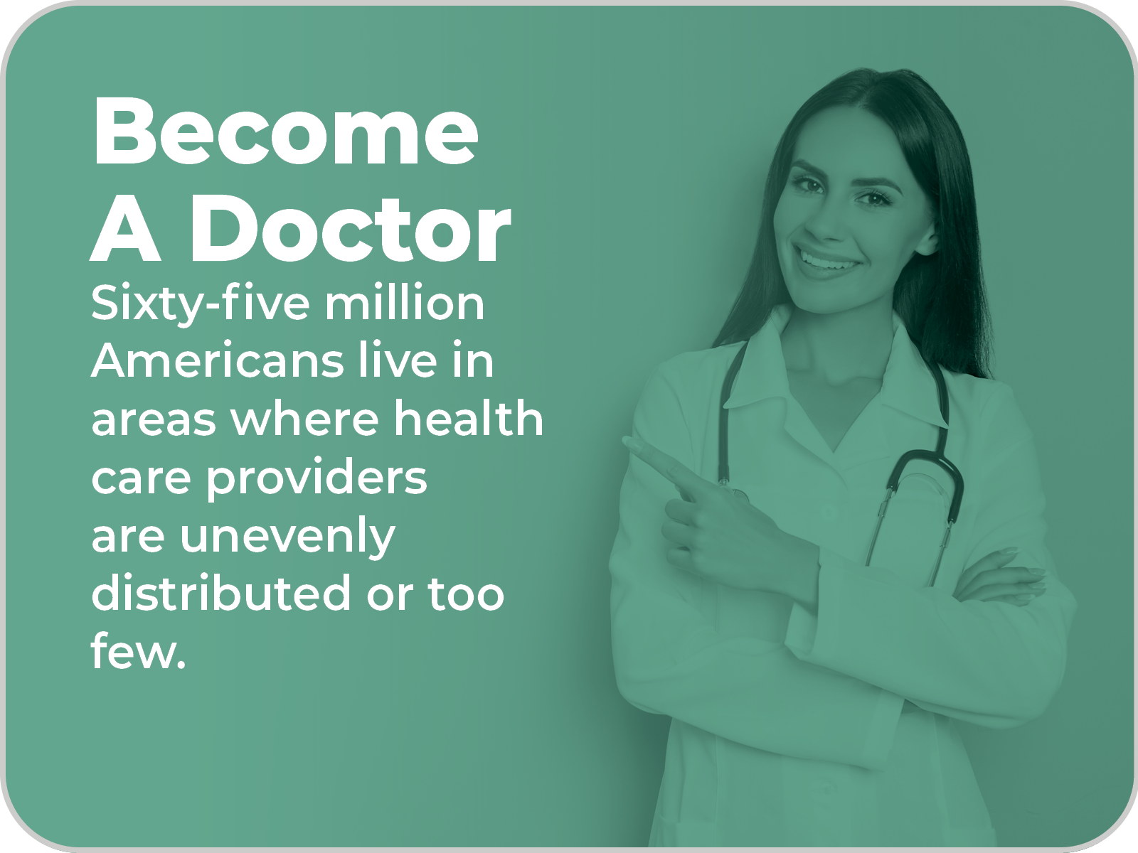 Green box with image of a woman doctor pointing to the words "Become a Doctor"